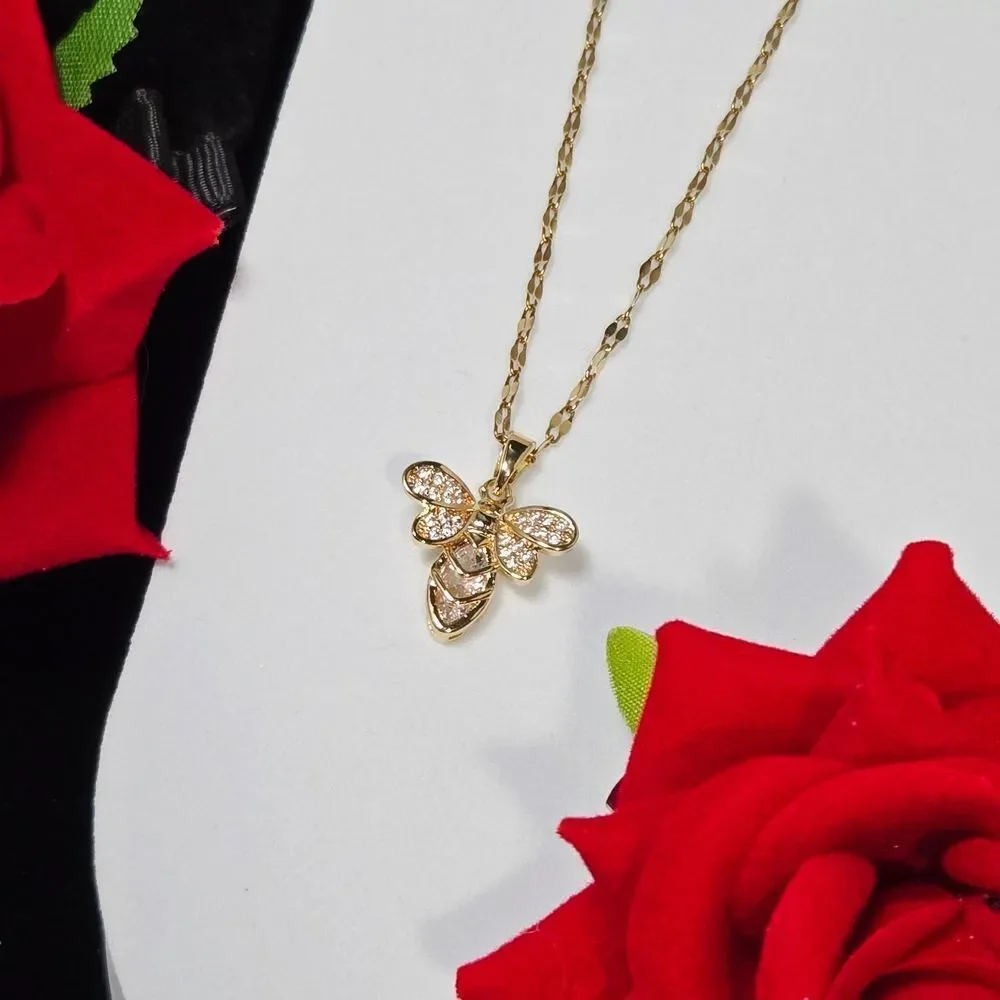 Elegant Gold Bee Pendant White CZ Stainless Steel Dainty Necklace Minimalist
